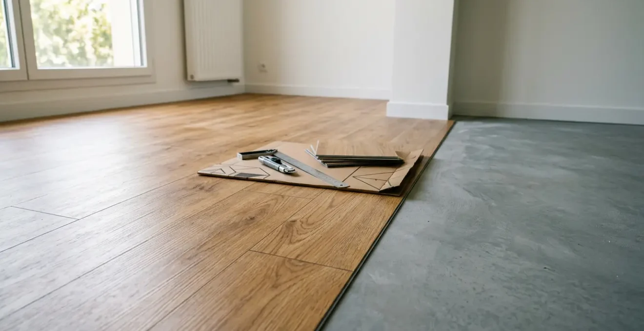 Installation de dalles auto-adhésives sur un sol propre dans un espace lumineux moderne