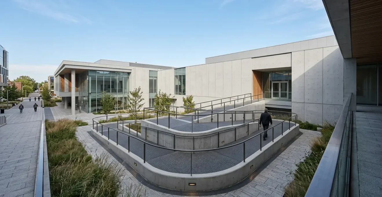 Vue d'ensemble d'une rampe d'accès PMR conforme avec surface antidérapante et palier de repos pour fauteuil roulant