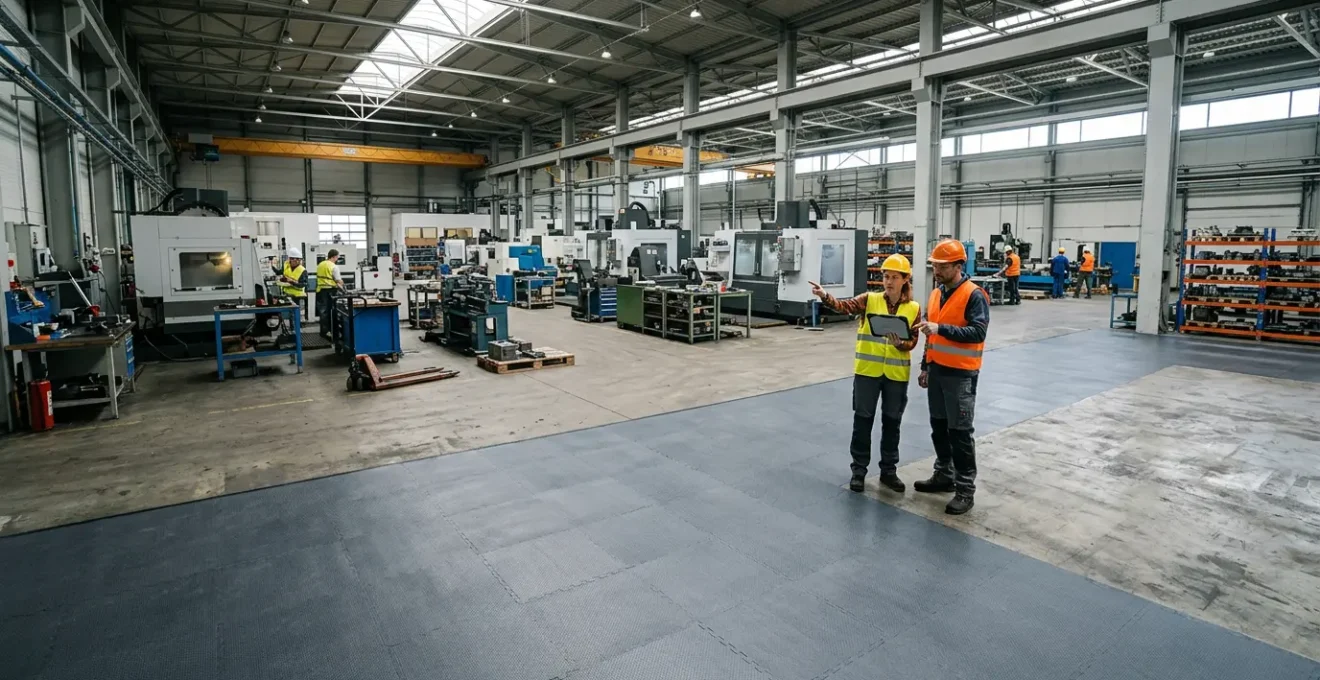 Atelier industriel moderne en cours de rénovation avec dalles PVC clipsables grises, machines en arrière-plan et opérateurs au travail