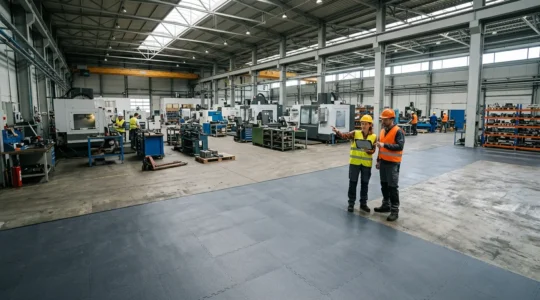 Atelier industriel moderne en cours de rénovation avec dalles PVC clipsables grises, machines en arrière-plan et opérateurs au travail