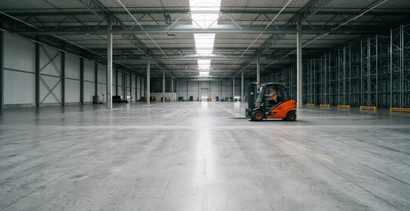 Vue large d'un entrepôt industriel moderne avec sol lisse et chariot élévateur en mouvement sous lumière naturelle diffuse