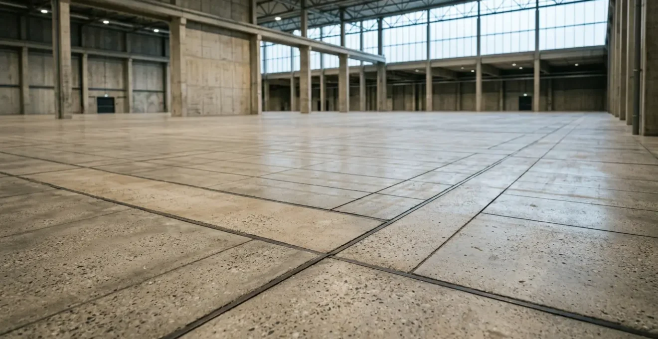 Vue d'ensemble d'un dallage industriel moderne montrant différentes zones structurelles sous contraintes mécaniques variées