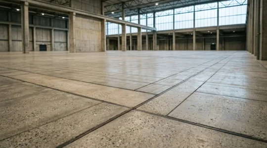 Vue d'ensemble d'un dallage industriel moderne montrant différentes zones structurelles sous contraintes mécaniques variées