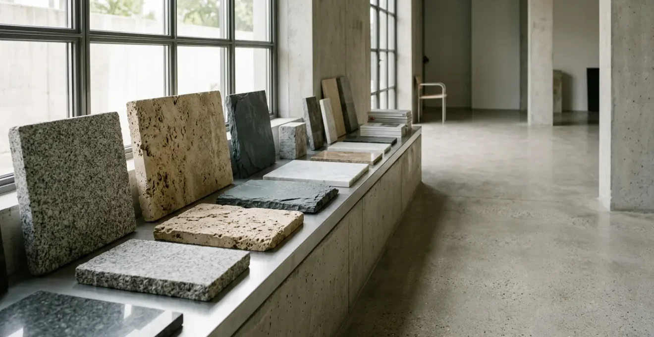 Échantillons de pierres naturelles premium - granit, travertin et ardoise - disposés avec élégance pour un projet architectural haut de gamme