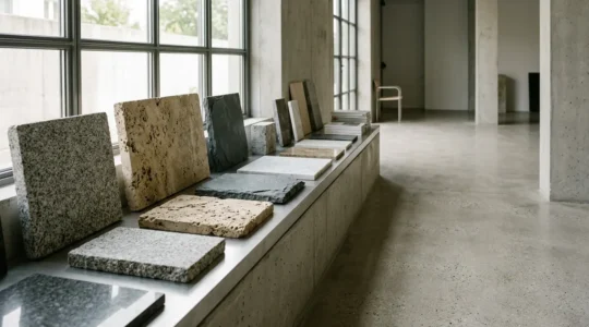 Échantillons de pierres naturelles premium - granit, travertin et ardoise - disposés avec élégance pour un projet architectural haut de gamme