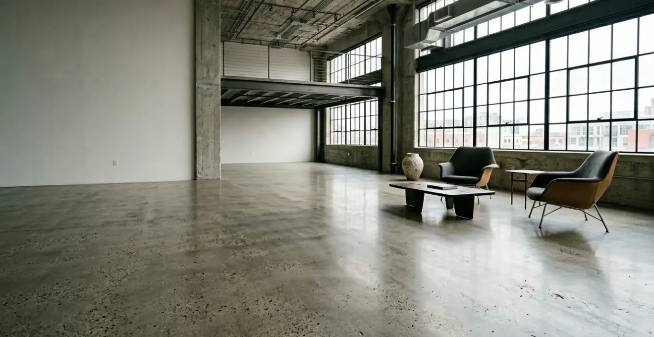 Sol en béton ciré dans un espace contemporain alliant esthétique industrielle et performance