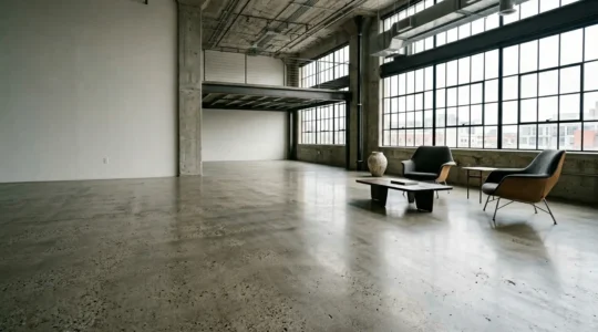 Sol en béton ciré dans un espace contemporain alliant esthétique industrielle et performance
