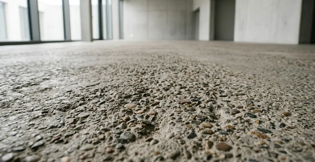 Gros plan sur la texture naturellement rugueuse d'un sol en béton texturé, révélant les micro-aspérités qui garantissent l'adhérence sans traitement chimique