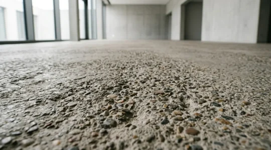 Gros plan sur la texture naturellement rugueuse d'un sol en béton texturé, révélant les micro-aspérités qui garantissent l'adhérence sans traitement chimique