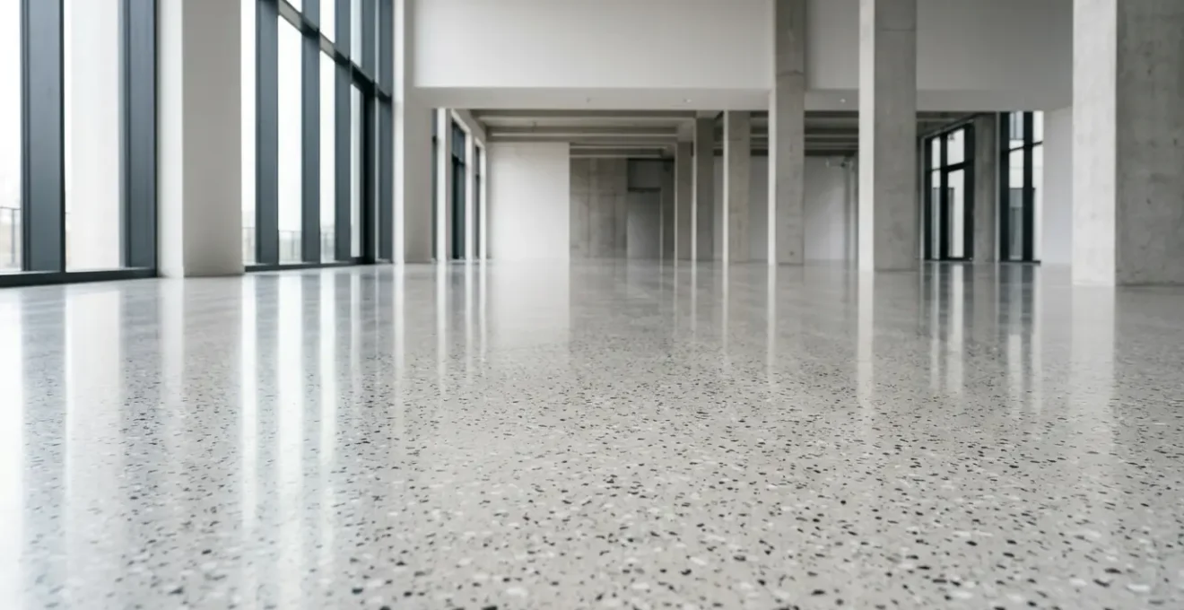 Sol en résine époxy décorative dans un espace commercial moderne avec finition brillante et reflets naturels