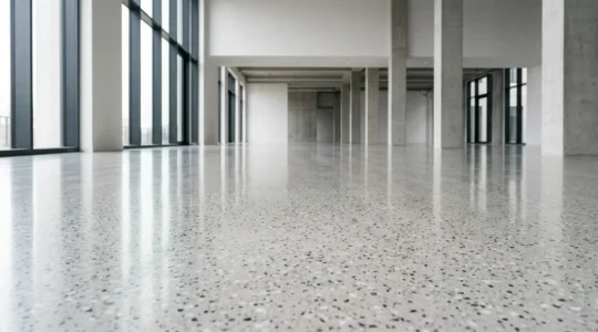 Sol en résine époxy décorative dans un espace commercial moderne avec finition brillante et reflets naturels