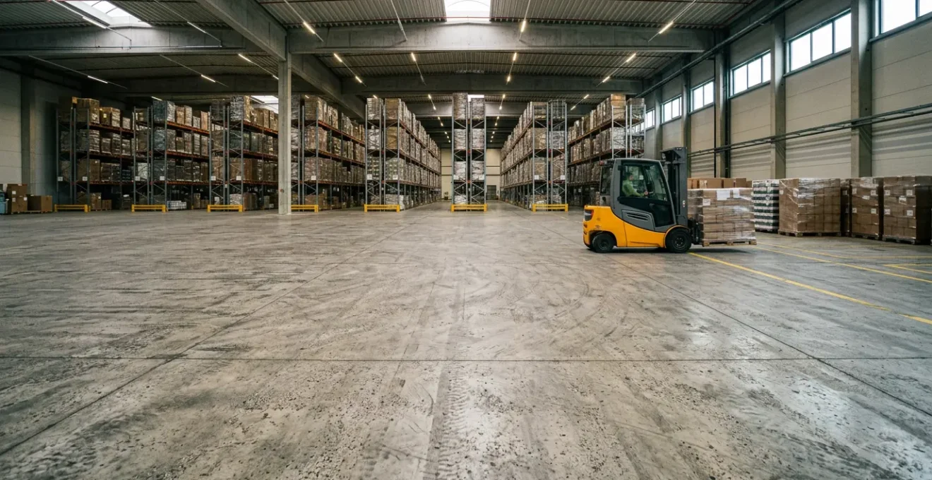 Vue d'ensemble d'un entrepôt logistique moderne avec sol industriel et chariots en activité