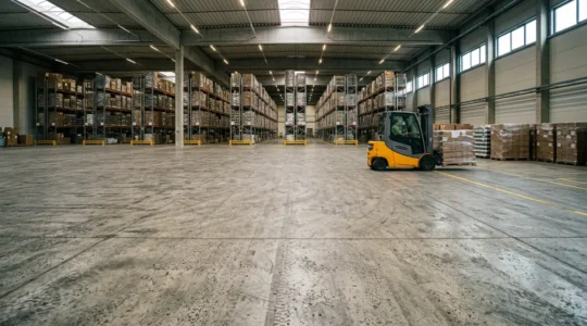 Vue d'ensemble d'un entrepôt logistique moderne avec sol industriel et chariots en activité