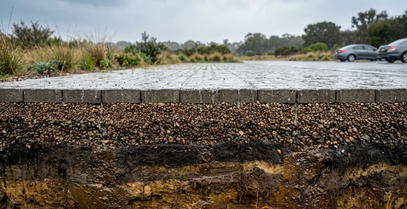 Coupe transversale d'un système de parking perméable avec couches drainantes et infiltration des eaux pluviales