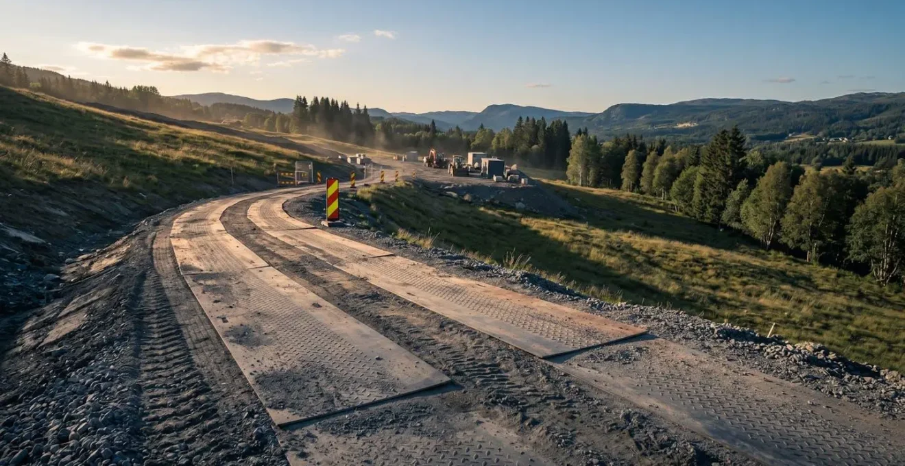Voie de chantier provisoire en pente sécurisée avec plaques métalliques pour passage d'engins lourds