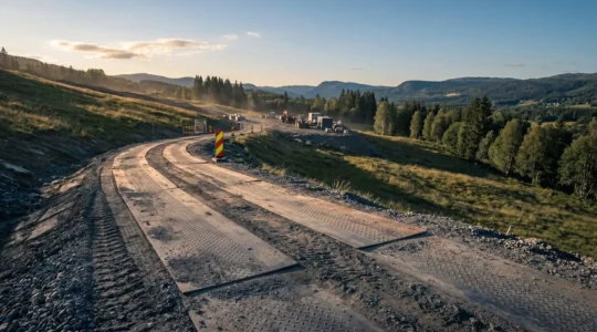 Voie de chantier provisoire en pente sécurisée avec plaques métalliques pour passage d'engins lourds