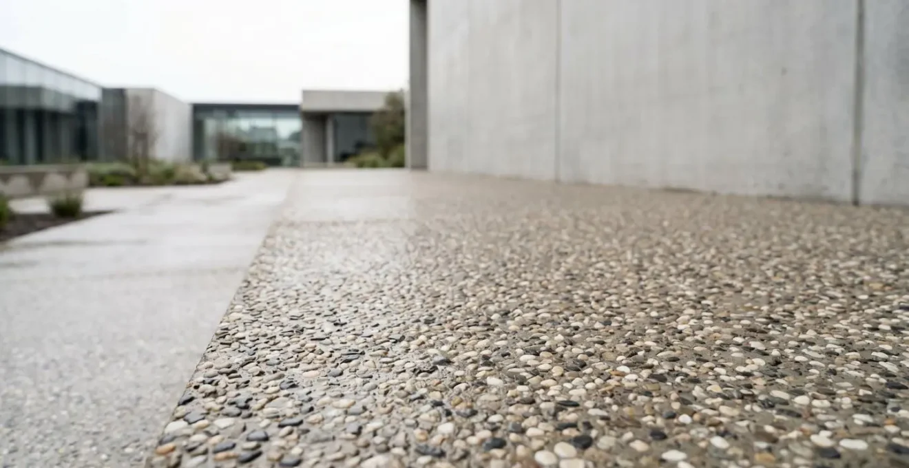 Vue en perspective d'une allée en béton désactivé montrant les granulats apparents dans un environnement extérieur épuré, illustrant l'efficacité antidérapante naturelle