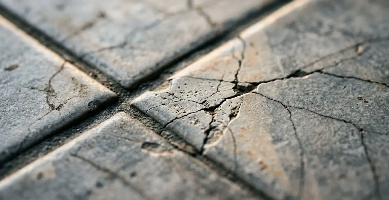 Gros plan détaillé sur une surface de carrelage fissuré montrant les textures et les détails des dégradations