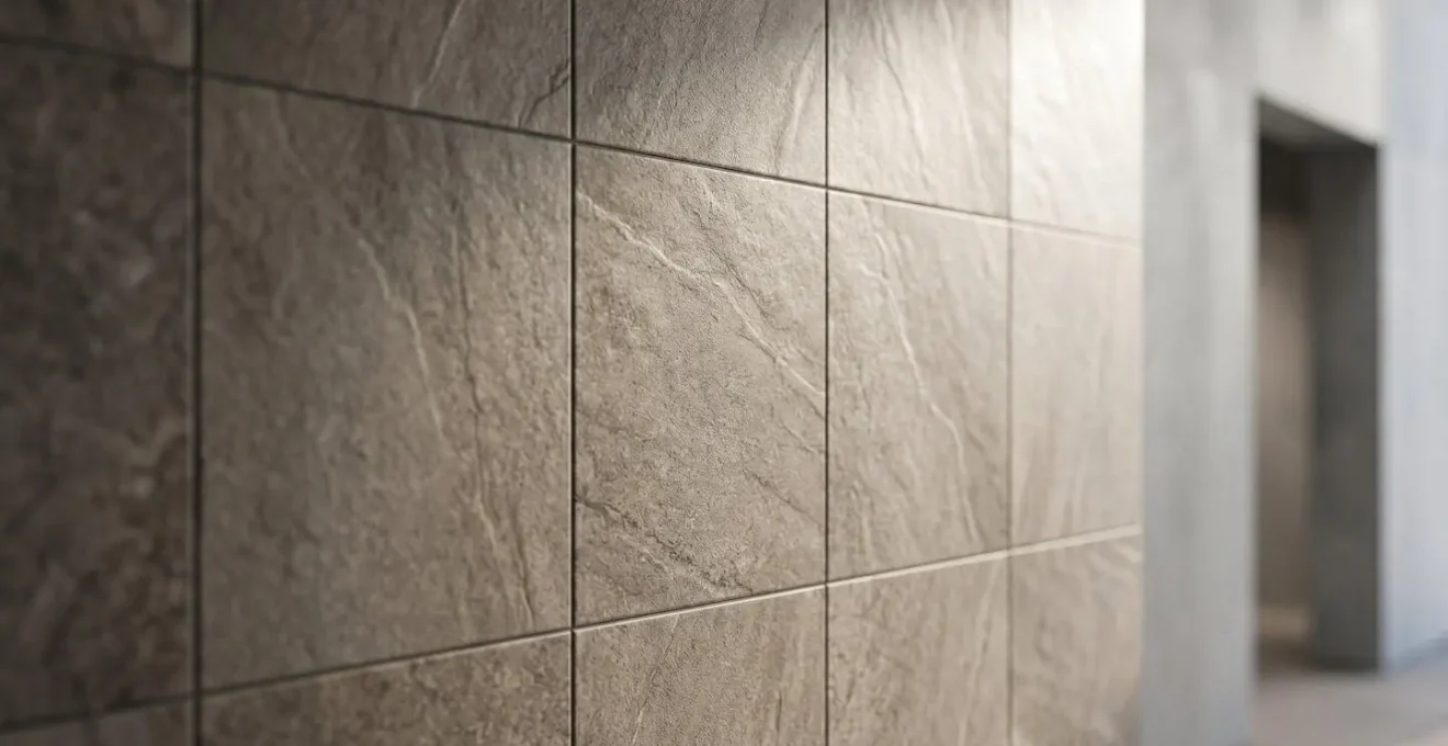 Détail de carreaux de céramique à texture pierre naturelle dans une composition architecturale minimaliste et intemporelle