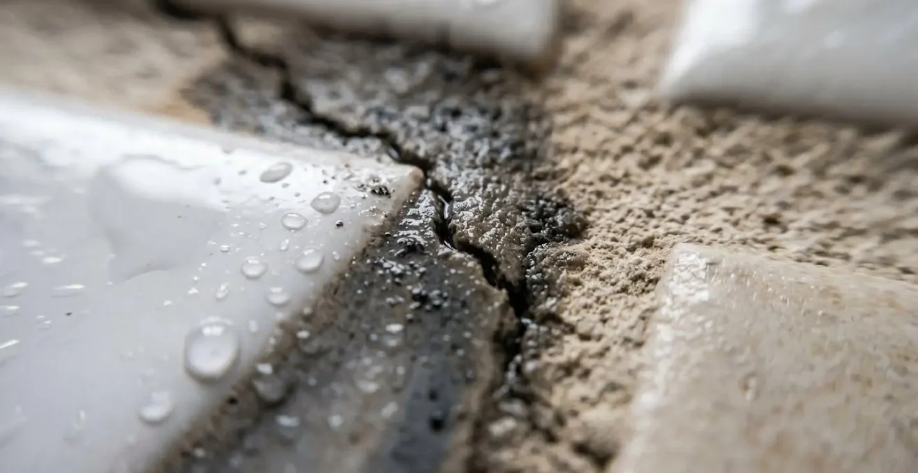 Vue en coupe macro révélant la progression de l'humidité à travers un joint de carrelage fissuré dans une salle de bains