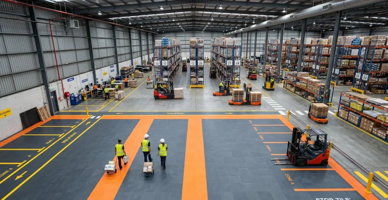 Vue en plongée d'un entrepôt industriel divisé en zones, avec dalles PVC installées au premier plan et activité logistique en arrière-plan