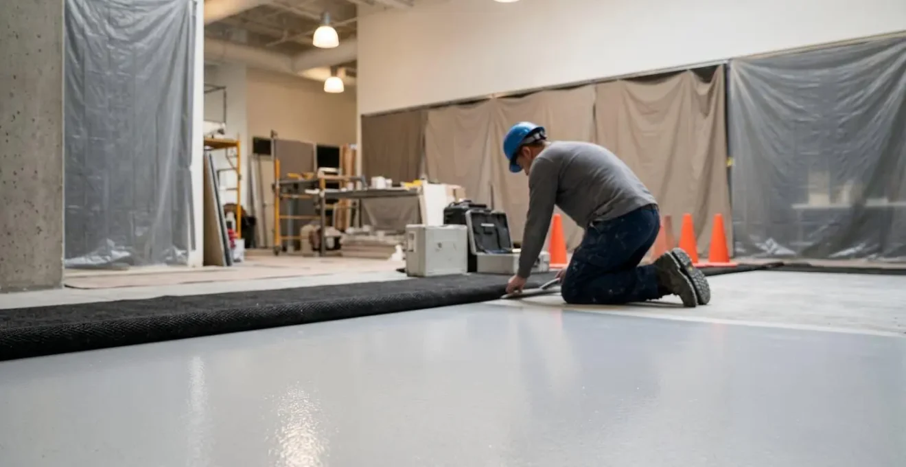 Espace commercial en cours de rénovation avec zone protégée et nouveau sol en finition