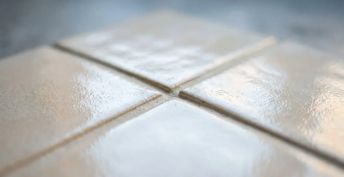 Gros plan sur carreaux émaillés ivoire créant des reflets chaleureux sous lumière naturelle froide