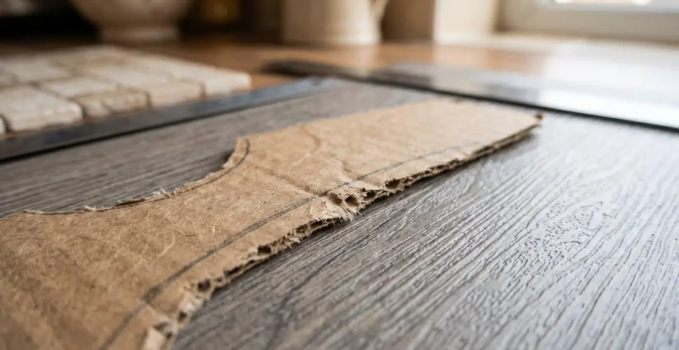Gabarit en carton sur mesure pour découpe précise de dalle vinyle autour d'un obstacle de cuisine