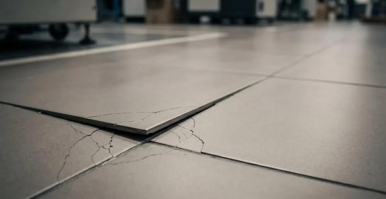 Vue détaillée d'un carreau industriel présentant des signes de défaillance dus à un support inadéquat