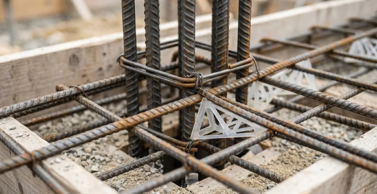 Gros plan sur le positionnement correct du ferraillage additionnel autour d'un point singulier de dallage industriel avec armatures et cales d'enrobage