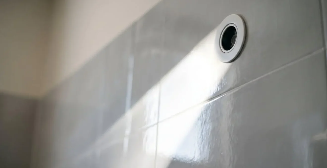 Mise en lumière d'une faïence brillante dans une petite salle de bains avec spots orientés créant un effet de profondeur