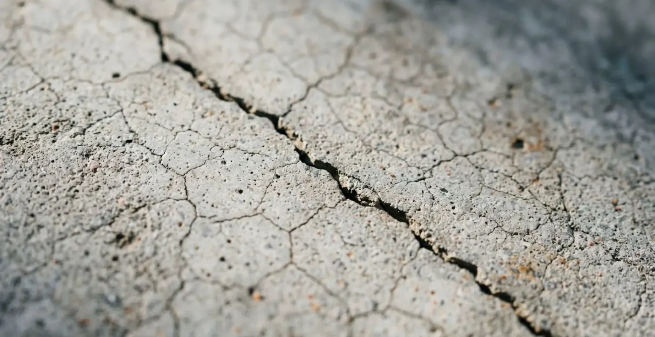 Vue macro détaillée d'une fissure de surface sur un dallage en béton révélant un défaut de cure