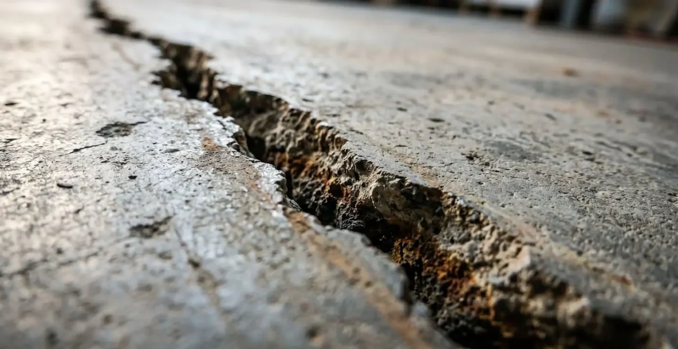 Détail macro d'une fissure structurelle dans un dallage béton industriel révélant la profondeur et la texture des arêtes dégradées