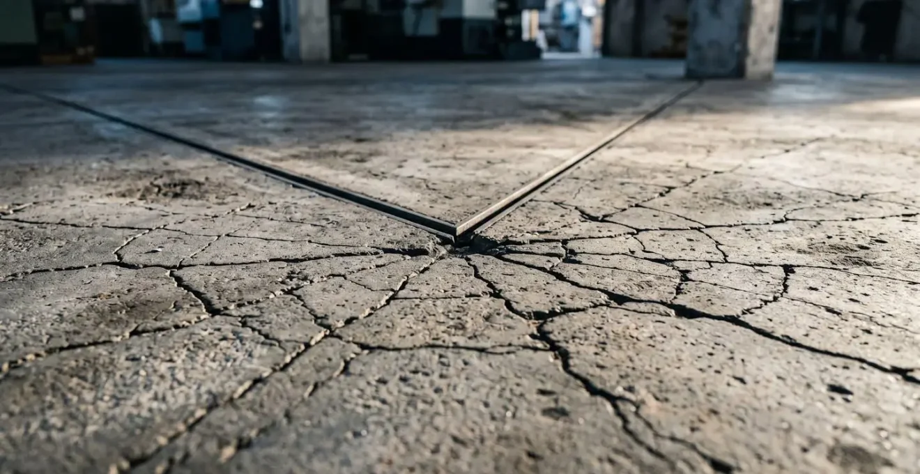 Réseau de micro-fissures en toile d'araignée sur la surface d'un dallage industriel en béton révélant un tassement du sol
