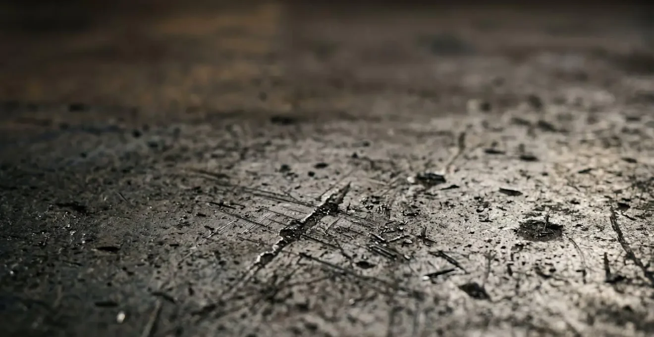 Gros plan macro montrant la texture et l'usure caractéristique d'une surface de sol industriel sous contrainte mécanique