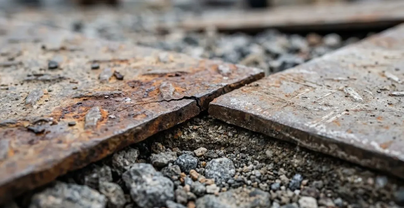 Gros plan sur les signes de dégradation d'une surface de voie provisoire nécessitant inspection