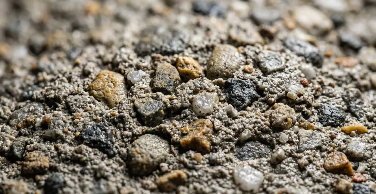 Vue macroscopique ultra-détaillée de la texture d'un béton désactivé révélant la rugosité naturelle des granulats apparents pour une adhérence maximale