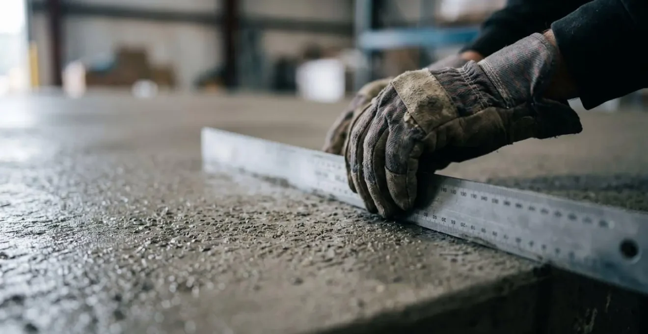 Gros plan sur les mains d'un expert en bâtiment vérifiant la planéité d'un dallage avec une règle de mesure professionnelle