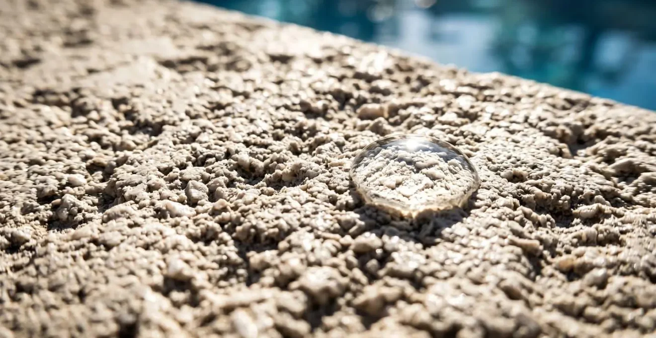 Margelle de piscine en pierre claire exposée au soleil avec reflets de l'eau créant une ambiance estivale