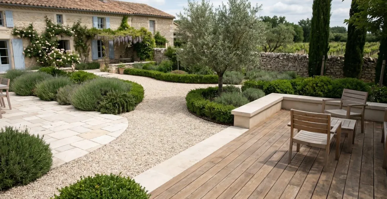 Vue en plongée d'un jardin aménagé avec différentes zones de revêtement créant une circulation harmonieuse