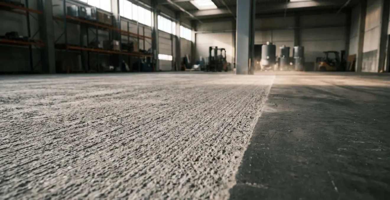 Vue d'ensemble d'une surface de béton industriel après préparation mécanique montrant le profil de rugosité optimal