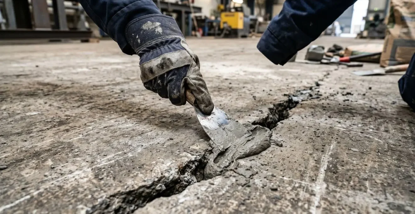 Gros plan sur une main gantée appliquant du mortier de réparation dans une fissure de béton industriel avec spatule métallique