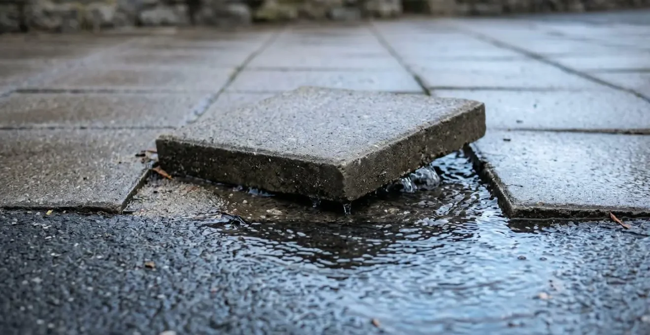 Schéma technique montrant la pression hydraulique sous une dalle sur plot avec accumulation d'eau