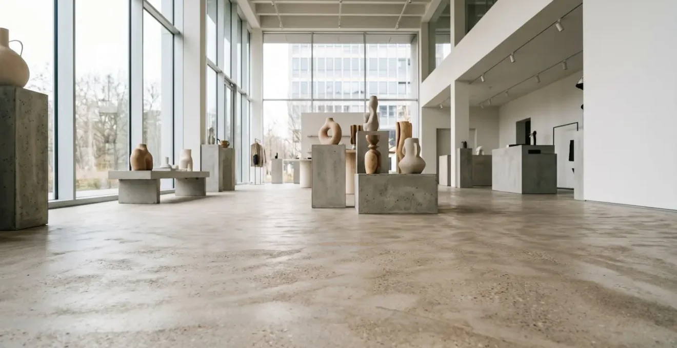 Showroom moderne avec sol en béton ciré neutre créant une ambiance premium et intemporelle