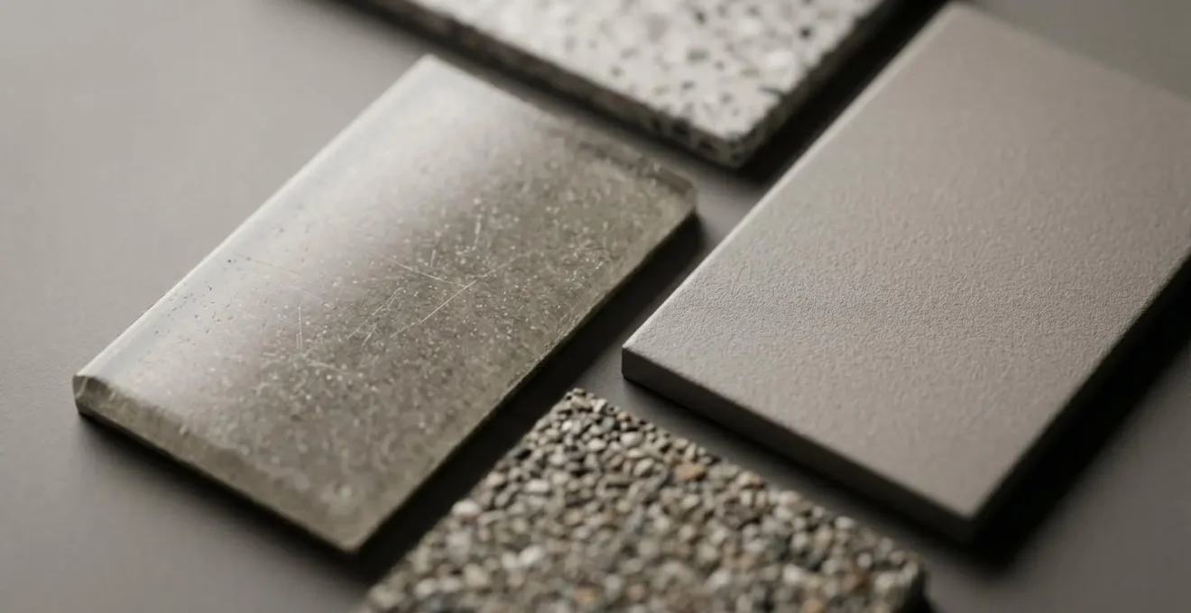 Échantillons de revêtements de sol avec différentes textures et finitions disposés sur un plan technique