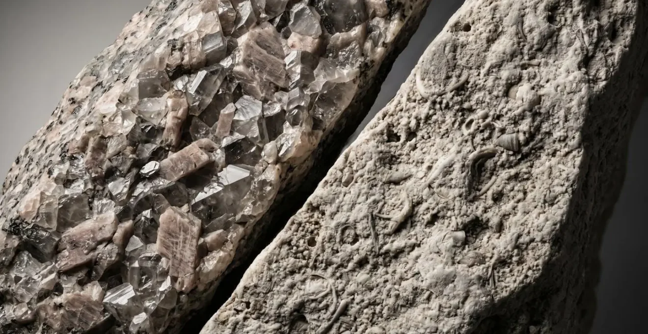 Comparaison macro des structures cristallines du granit et du calcaire montrant la différence de densité et de résistance