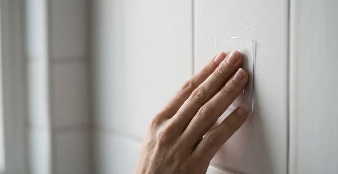 Gros plan sur une main appliquant un carré de film plastique transparent contre un mur de salle de bains pour le test d'humidité