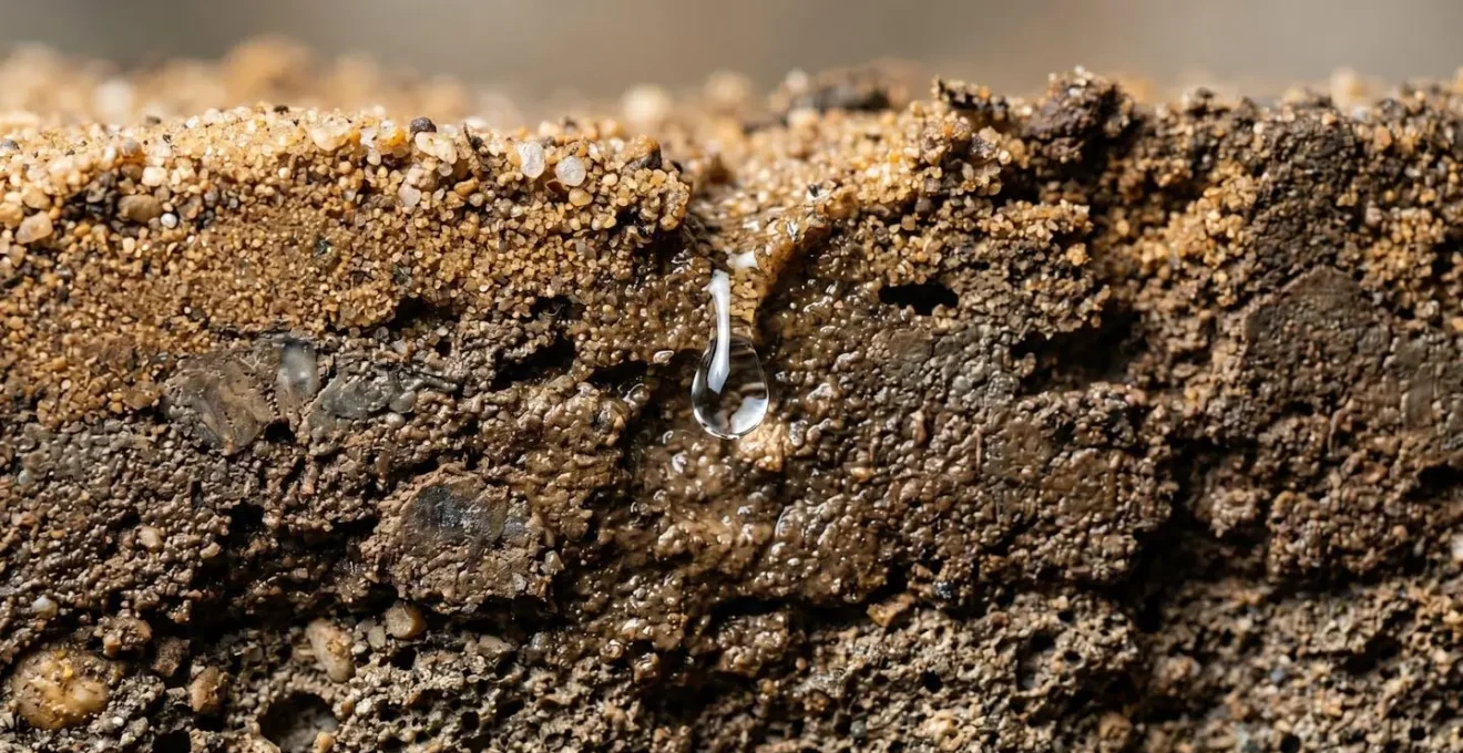 Test de perméabilité sur sol naturel montrant l'infiltration de l'eau à travers différentes couches géologiques