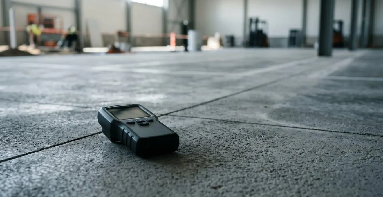 Thermomètre-hygromètre numérique professionnel posé sur un sol de chantier, affichant température et humidité ambiantes