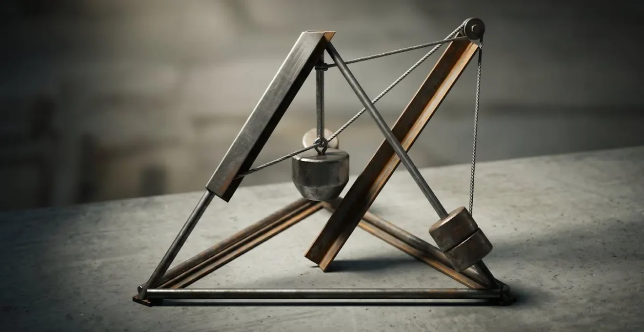 Représentation visuelle des forces physiques agissant sur le centre de gravité d'un chariot élévateur en virage sur pente